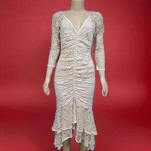 A LA CARTE California Size 9/10 VTG CREAM SHEER LACE Lined Formal DRESS USA #01